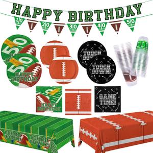 Football Birthday Party Decorations Kit for 24: Football Party Supplies Set with Plates, Dessert Plates, Napkins, Cups, Banner & Touchdown Tablecloth - for Football Tailgate Party Decorations