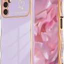 NITITOP Compatible with Samsung Galaxy S23 FE Case Cute Luxury Women Girls Men with Love Heart Electroplated Pattern Curly Wave Frame Raised Camera Shockproof Protection Cover-Lavender Purple