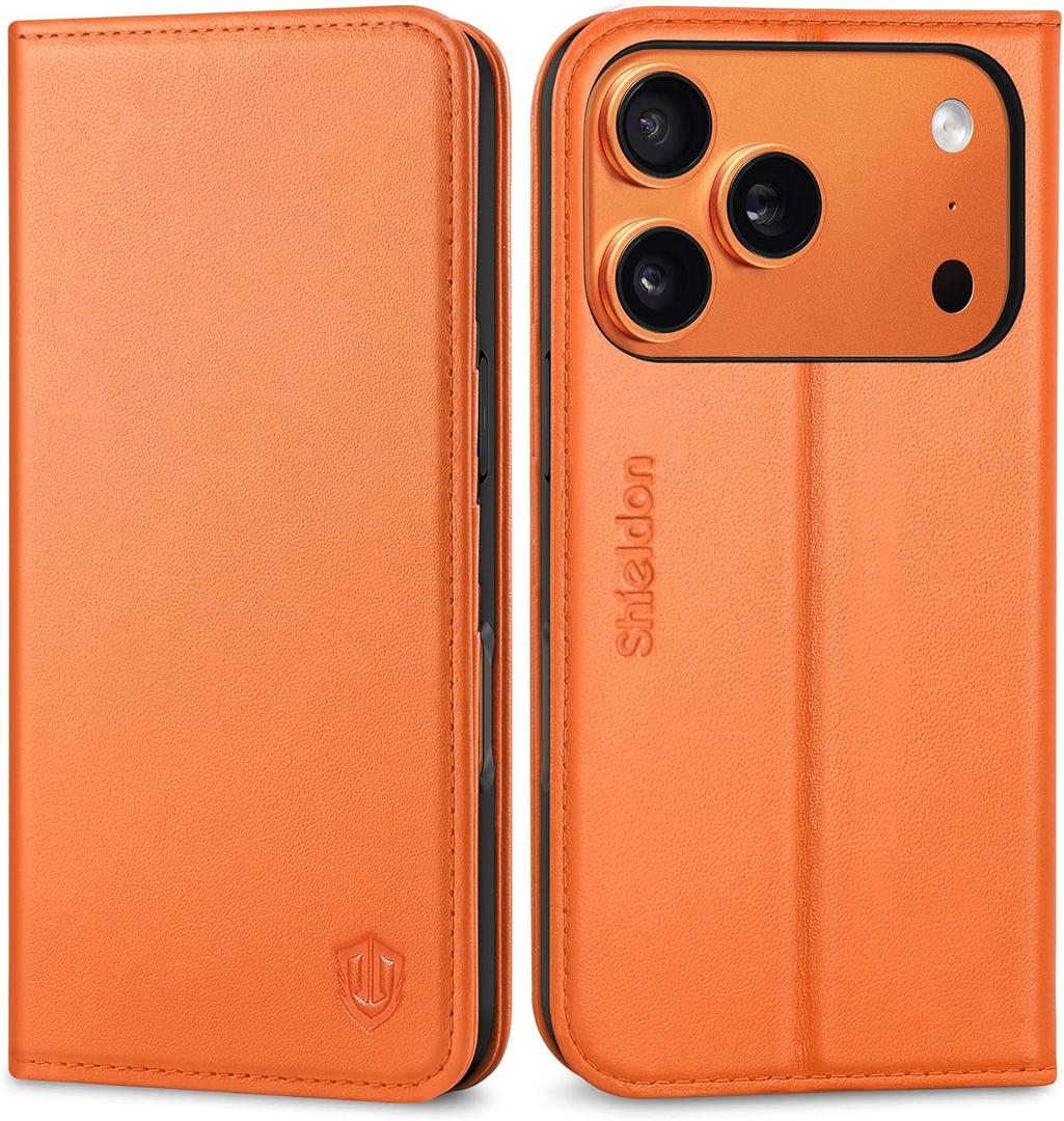 SHIELDON Case Wallet for iPhone 17 Pro 6.3-inch | Genuine Leather, RFID Blocking Credit Card Holder, Magnetic Closure, Folio Design, Kickstand, TPU Soft Full Protective Cover 2025 - Orange