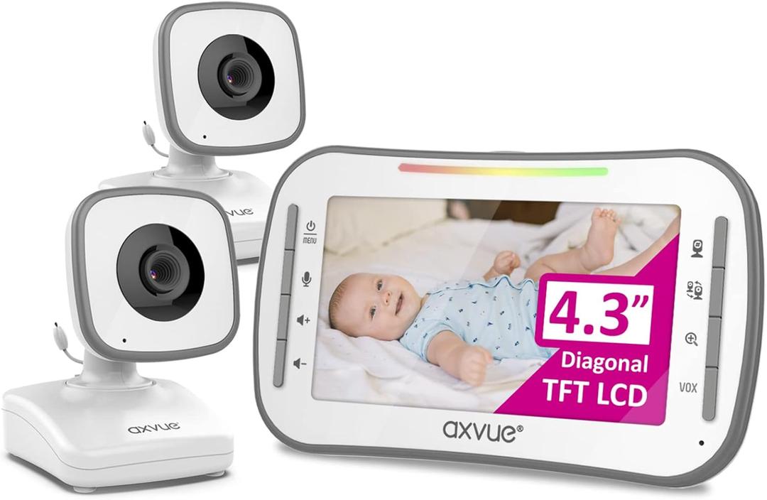 Axvue Video Baby Monitor, Comfortable Slim Design Handheld Enclosure, 4.3" Screen Monitor & 2 Camera, Range up to 1000ft, 12 Hour Battery Life, 2-Way Talk, Night Vision, Temperature Monitor, No WiFi.