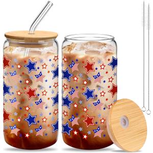 2 Pcs Patriotic Glass Cups with Bamboo Lids and Straw White Blue and Red Tumbler 16 oz Coffee Beer Cups for American Flag Independence Day Party Supplies Office Home Gifts(Star)