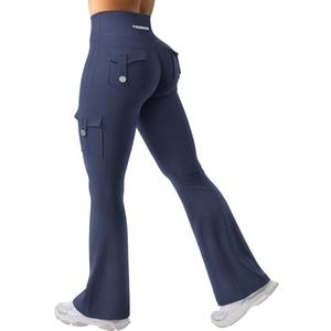 YEOREO CoreFlex Women Workout Flare Leggings with Pockets Hidden Scrunch High Waisted Cargo Gym Yoga No Front Seam Leggings, L