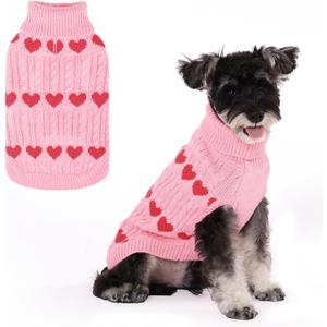 KOOLTAIL Valentine's Day Dog Sweater Turtleneck, Cold Weather Pullover Classic Knitwear, Heart Pattern Thick Warm Winter Pet Clothes, Cable Knit Sweater for Small Medium Large Dogs Girl Boy, Pink M