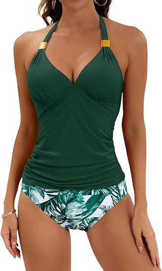B2prity Halter Tankini Swimsuit for Women Tummy Control Two Piece Bathing Suit V Neck Swimwear with Shorts, Large