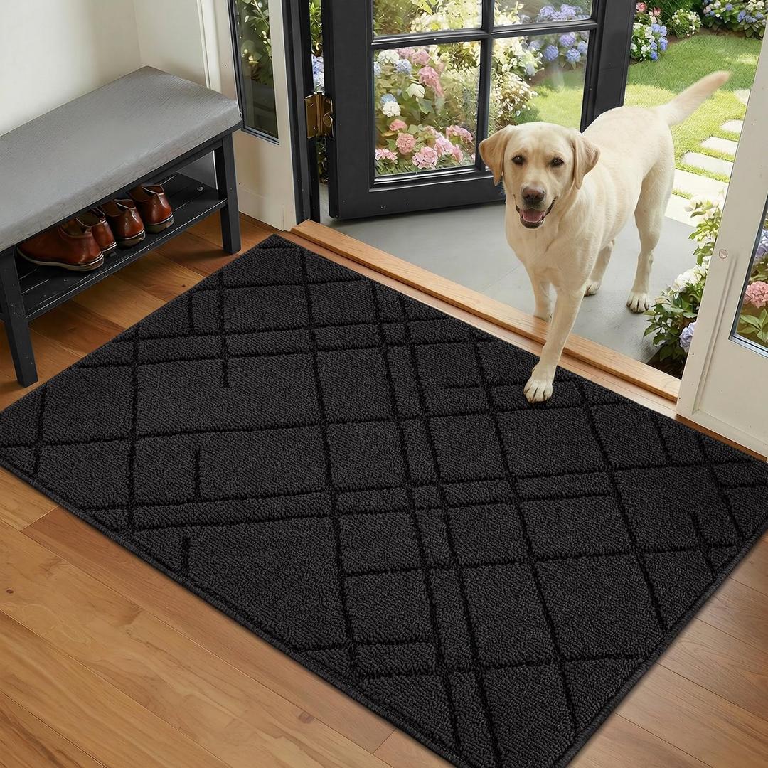 hicorfe Indoor Door Mat,35"x24" Non Slip Absorbent Door Mat Indoor Entrance,TPR Backing Dirt Trap Entryway Rug,Washable Low-Profile Stylish Welcome Mat for Hallway,Front Back Door,Kitchen(Black)
