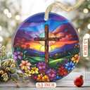 Cross Christmas Ornament, 3.5 Inch Ceramic Nativity Ornament, Christmas Tree Ornaments, Christian Gifts, Religious Gifts, Gifts for Christmas, Perfect for Holiday Party, Tree, Window (Cross Spring Flower)
