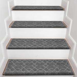 Bullnose Carpet Stair Treads, Stair Treads Non Slip 15 Pack, Stair Carpet Treads Soft Surface & TPE Backing, Peel and Stick Stair Treads for Wooden Steps Indoor (30"x9.5"x1.2", Grey)