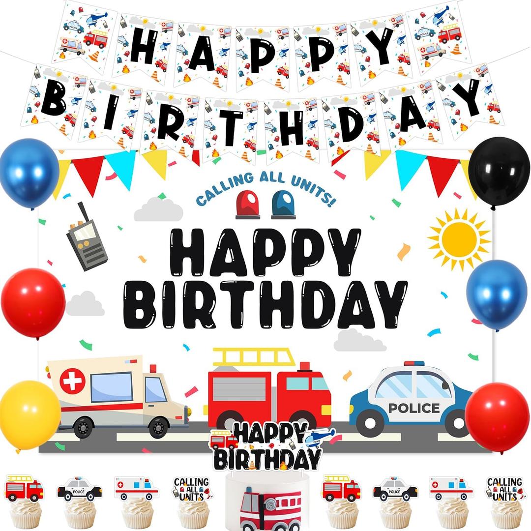 Emergency Vehicle Party Decorations Rescue Vehicles Backdrop Transportation Banner First Responders Ambulance Firetruck Police Cake Cupcake Toppers Latex Balloons for Boy Sound the Alarm Bday Supplies