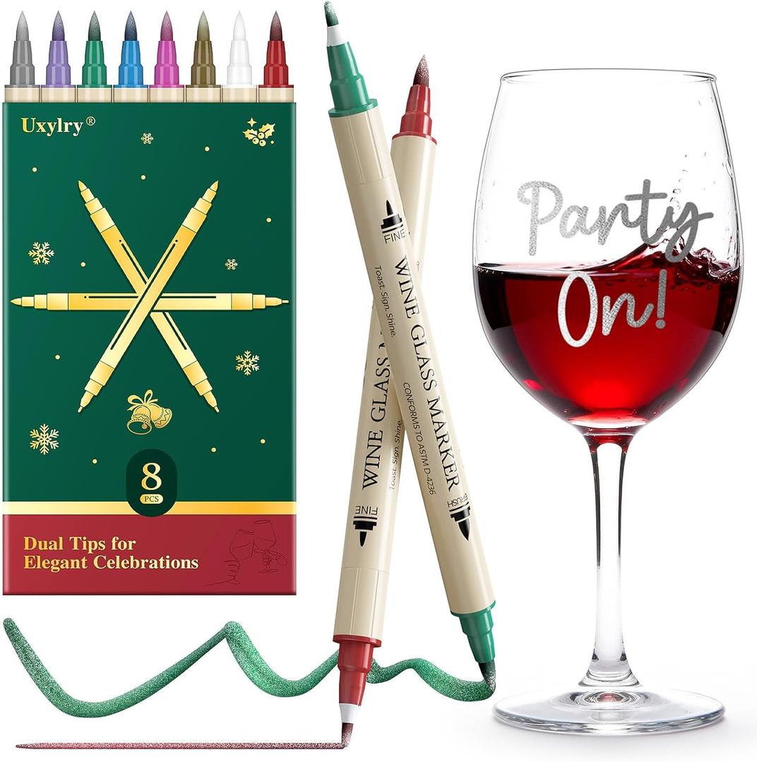 Uxylry Wine Glass Markers Washable, 8-Pack Dual Tip Erasable Pens | Food Grade Non-Toxic Ink for Glasses, Ceramic | Ideal Christmas Gifts & Party Accessories