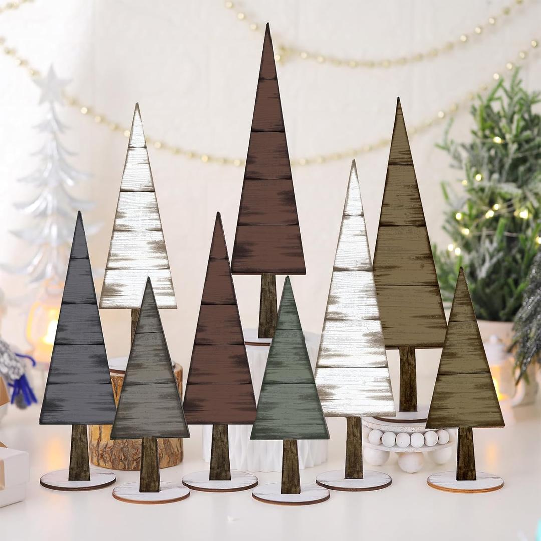 9 Pcs Rustic Christmas Decor Neutral Farmhouse Wooden Christmas Tree Tabletop Decor Minimalist Wooden Tree Centerpieces for Tables Rustic Xmas Decor with Base for Home(Vintage Color)