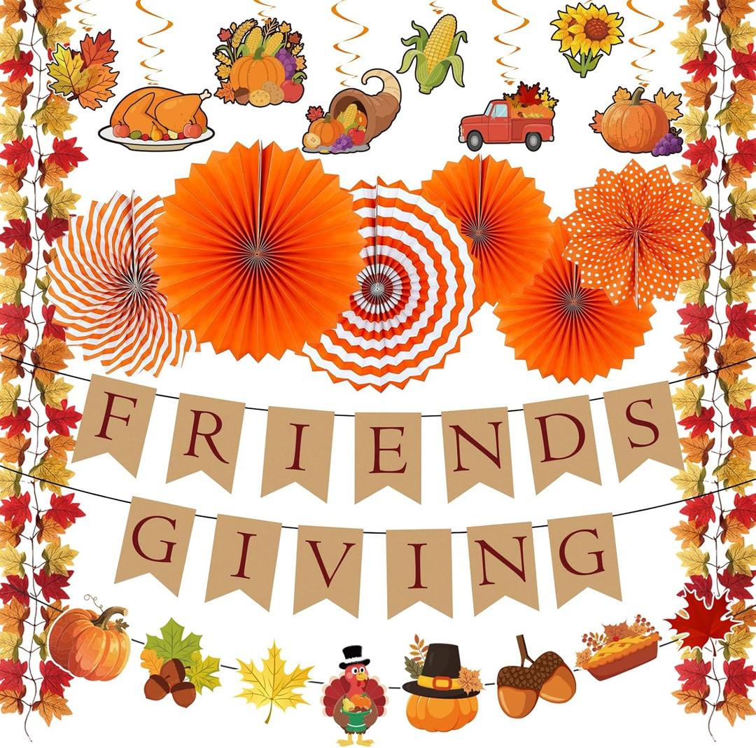 Coneatness Friendsgiving Decorations Kit, Party Banners, Maple Leaf Garlands, Paper Fans&Hanging Swirls, Friends Party Decorations
