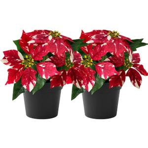 Mini Poinsettias Artificial Plants 2 Pack 9" Faux Small Christmas Flowers in Pot for Home Office Tabletop Indoor Christmas Decorations Red with White Spot