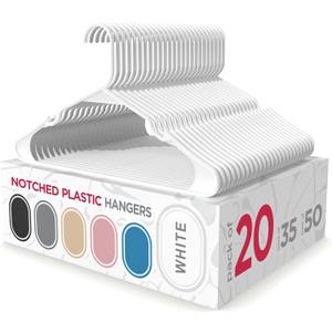 Sharpty - Plastic Hangers - Adult Clothes Hangers - T-Shirt, Dress, Coat Hangers & Accessories - Notched Hanger, Durable & Versatile Color Clothing Closet Hanger(20-Pack,White)