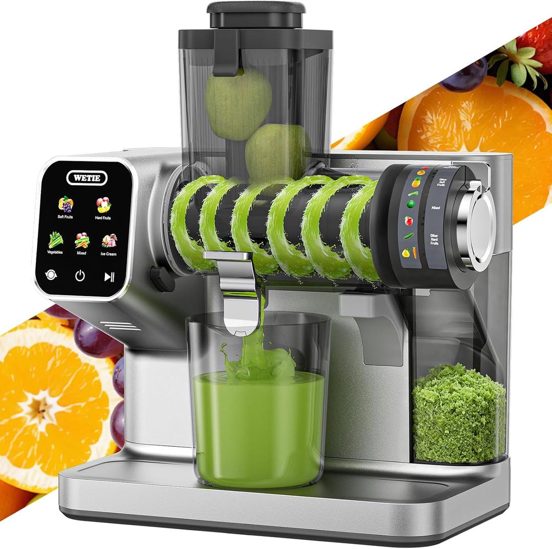 WETIE Cold Press Juicer, Powerful Juicer Machines with Adjustable Juicing Pressure, 99% High Juice Yield, Quiet Slow Masticating Juicer with Touch Screen, 3.54'' Feed Chute, Easy to Clean with Brush (Grey)