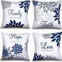 Tatuo 4 Pcs Flower Pillow Covers Square Summer Pillow Cushion Cases 18 x 18 Inch Family Faith Hope Love Words Decorative Spring Winter Cushion Case for Bed Couch Sofa Living Room(Gray Series)