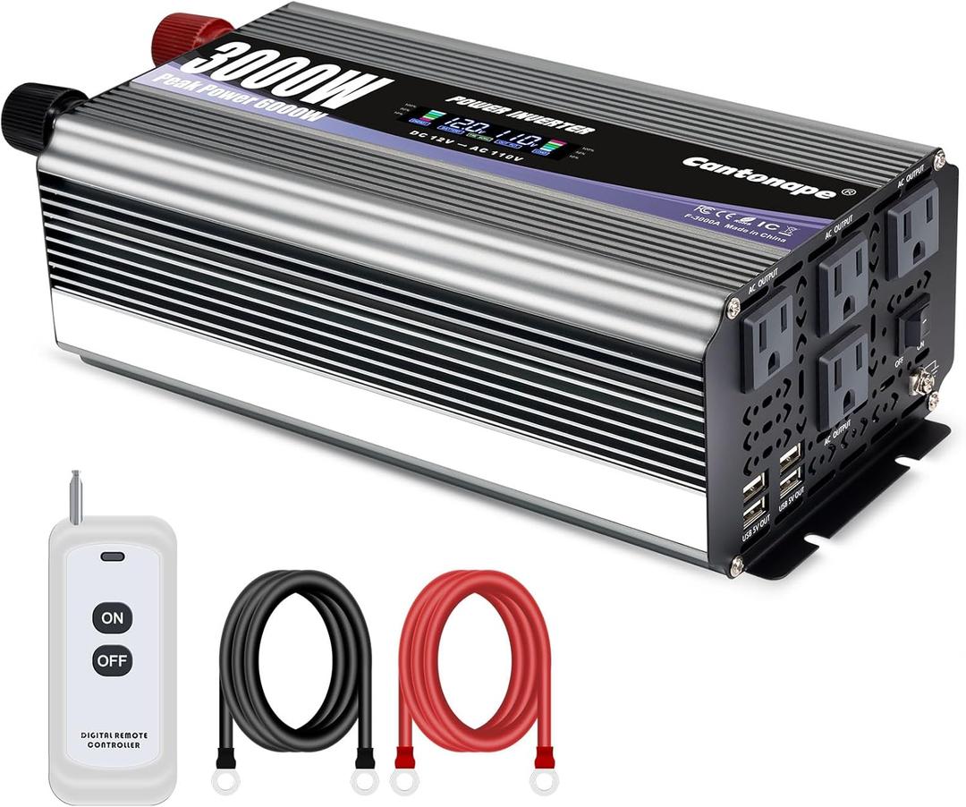 3000W Power Inverter 12V to 110V DC to AC with LCD Display, Remote Controller and 4 x AC Outlets Car Adapter for Car Truck Boat RV Off Grid Solar System (3000W-12V, Gray)