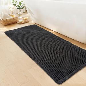 GRLYUH Black Long Bathroom Rug - Waffle Runner Bath Mat Non Slip Washable, Super Absorbent & Quick Dry, Boho Bath Mat Farmhouse Bathroom Decor, 24'' x 60'', Black
