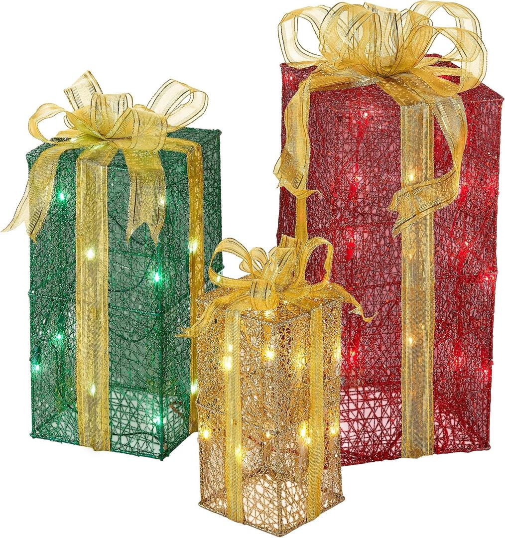 National Tree Company lit Artificial Christmas Dcor 3-Piece Set Includes Pre-Strung White Mini Lights Sisal Gift Boxes