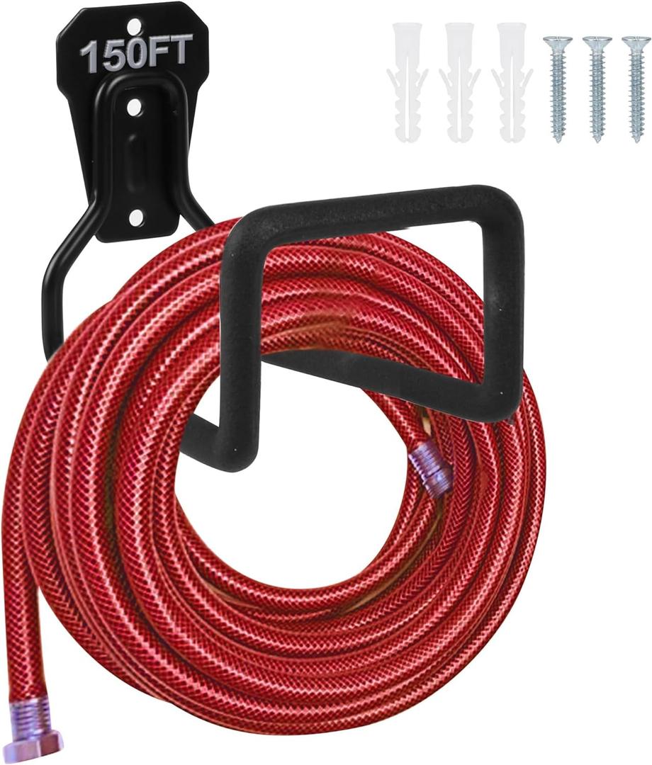 PeoMev Metal Garden Hose Holder - Heavy Duty Hose Hanger Wall Mounted Water Hose Holder for Outside Yard, Sturdy Hose Reel Hose Hooks for Water Hose, Extension Cords (Black)
