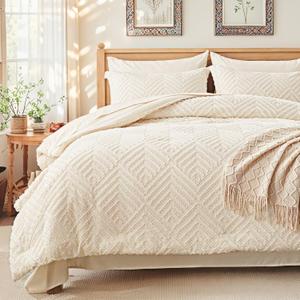 Zzlpp Queen Comforter Set 7 Pieces, Cream Tufted Bed in a Bag with Comforter and Sheets, All Season Boho Bedding Sets with 1 Comforter, 2 Pillow Shams, 2 Pillowcases, 1 Flat Sheet, 1 Fitted Sheet