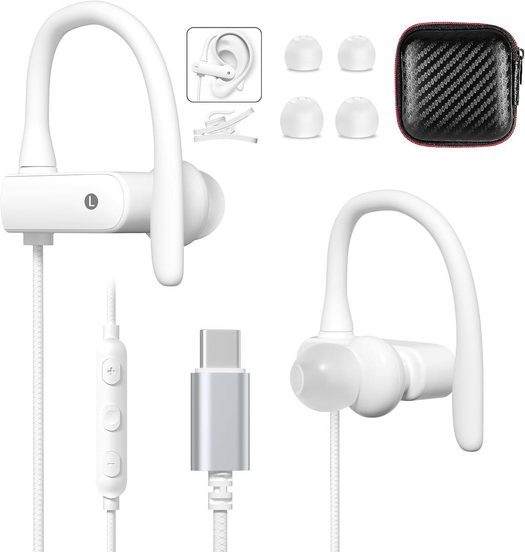 USB C Headphones Wired Earbuds for Apple/Android Anti Drop Over Ear Earhook Gym Sport Running Type C Earphones for iPhone 17 17e Air 16 15 16e for Samsung/Galaxy S26 S25 S24 for Google/Pixel 10 White