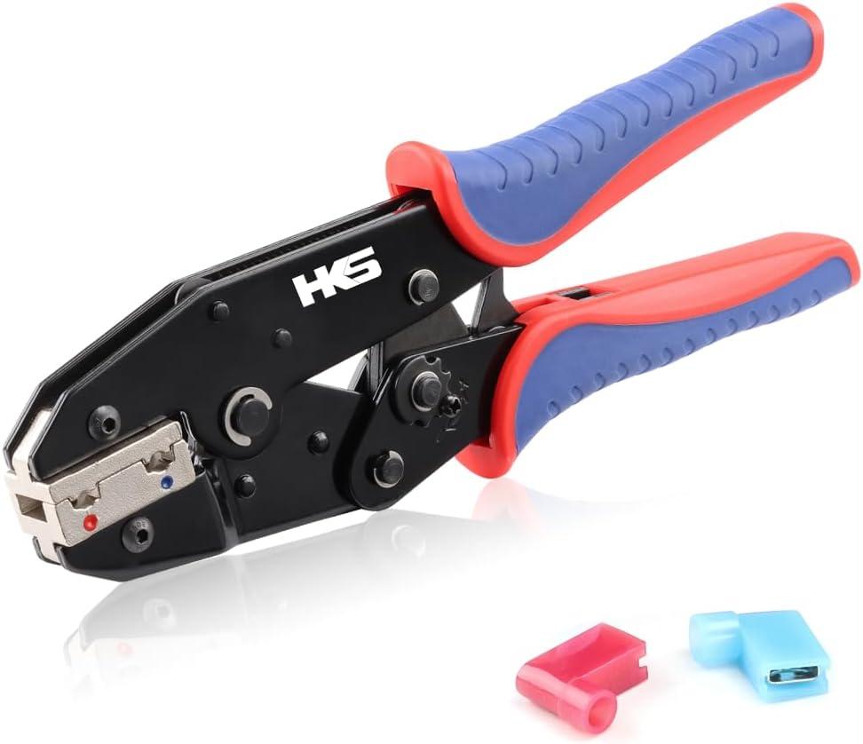 HKS Crimping Tool for Insulated Flag Terminals - Ratcheting Wire Crimpers - AWG 22-14 (0.5-2.5mm) - Ratchet Terminal Crimper - Electrical Crimping Tool