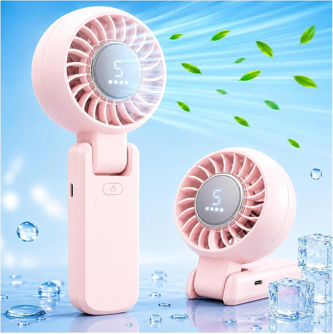 ZOZOO Portable Handheld Fan, 5 Gear High Speed, Rechargeable Mini Personal Hand Fan, Up to 14 Working Hours, 3 IN 1 for Travel, Beach Vacation, Camping, Gifts for Women, (Pink), Foldable