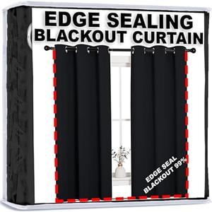 Homie Edge Seal Blackout Curtains Solid Thermal Insulated Grommet Black Curtains/Drapes for Bedroom Window (2 Panels, 42 inches Wide by 63 inches Long, Black) Pack of 3