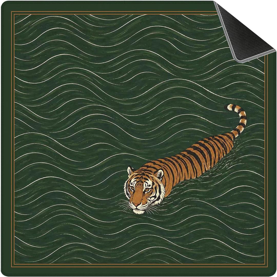 Green Tiger Mahjong Mat 31.5X31.5 in, Tigers Gifts for Women, Vintage Green Tiger Non-Slip Noise Reduction Mahjong Table Cover Accessories Supplies for Dominoes Poker Card Board and Tile Games Gifts
