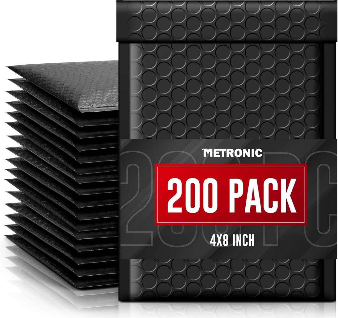 METRONIC Bubble Mailers 4x8 Inch 200 Pack Padded Envelopes Usable Size 4x7 Waterproof Black Padded Mailer Self Seal Adhesive Bubble Envelopes for Shipping Jewelry, Makeup, Small Business