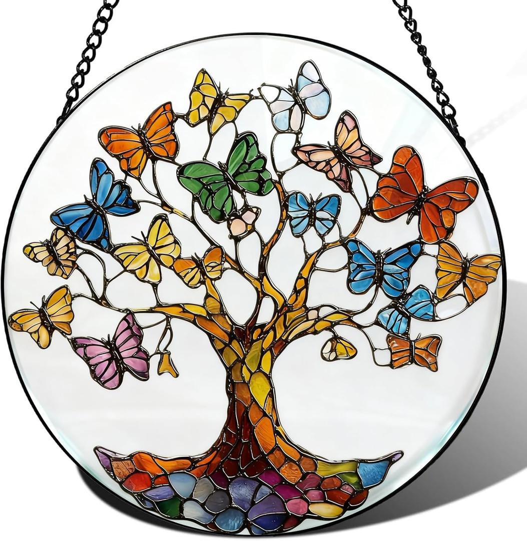 Stained Glass Tree of Life Suncatcher - 7.9" Real Glass Blue Butterfly Leaves Window Hanging, Weatherproof Spiritual Rebirth Decor, Sympathy Memorial Healing Gift for Mom Women