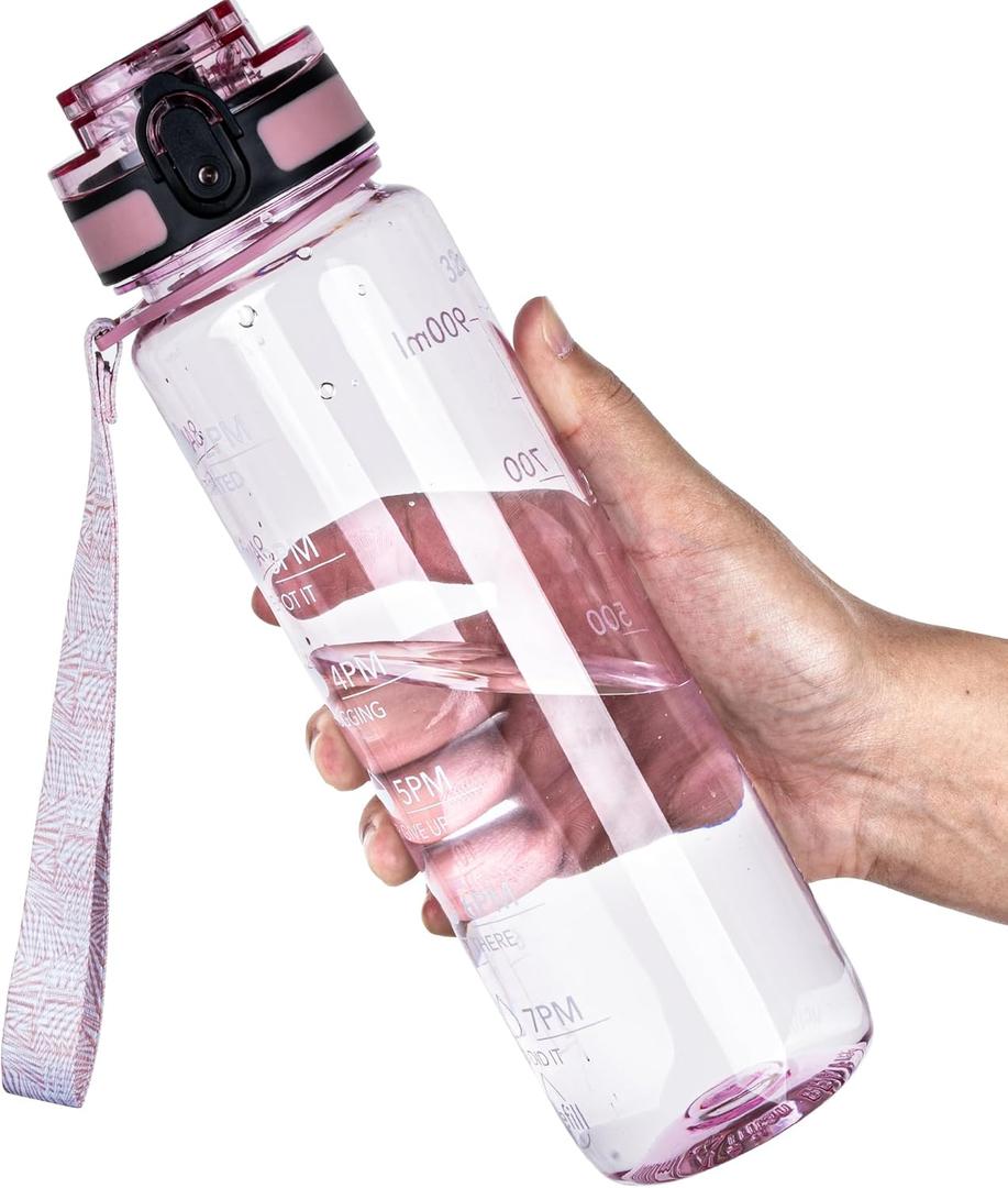 OLDLEY Water Bottle, 32oz Motivational Sports Water Bottle with Time Marker - Times to Drink - Tritan, BPA Free, Wide Mouth Leakproof, Anniversary Birthday Gifts for Men Women, Clear Pink