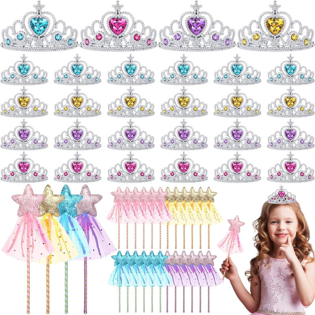 Janinka 48 Pcs Princess Party Favors 24 Tiara Crown for Little Girls 24 Glitter Star Fairy Wand Princess Crowns for Kids Birthday Party Accessories for Little one