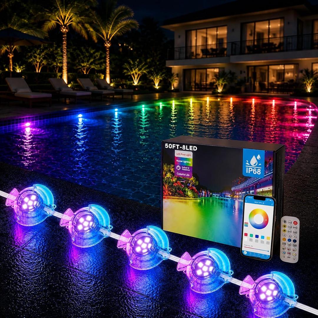 Permanent Pool Lighting System, 148FT 32 LED RGB+IC Pool Lights, 24V Low Voltage, IP68 Waterproof, App & Remote Control, Full-Coverage Lighting for Inground & Above Ground Pools