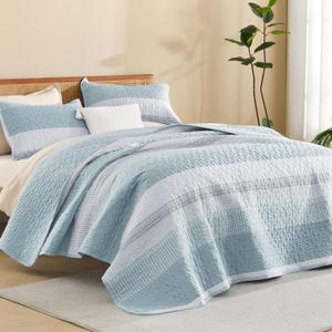 Litanika Quilt Queen Size Spa Blue, Stripe Patchwork Summer Bedspread Coverlet 3 Pieces, Soft Lightweight Polyester Quilted Bedding Set for All Season(1 Quilt, 2 Pillowcases)