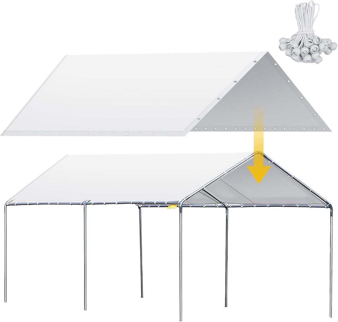 12 x 20 ft Heavy Duty Carport Canopy Waterproof Garage Car Shelter Tarp Tent for Car Canopy Replacement Cover with 50 Ball Bungees, Only Top Cover, Frame is Not Included White
