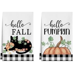 Pack of 3, XCHI Fall Cute Black Cat Pumpkin Plaid Autumn Harvest Dish Towels 18x26 Inch Hand Kitchen Towels Dishcloth Home Decorations Set of 2