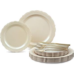 " OCCASIONS " 150 Piece set (25 Guests)-Vintage Wedding Plastic Plates & cutlery -Disposable Dinnerware 10'', 7.5'' + Silverware w/double fork (Verona Plain Ivory)