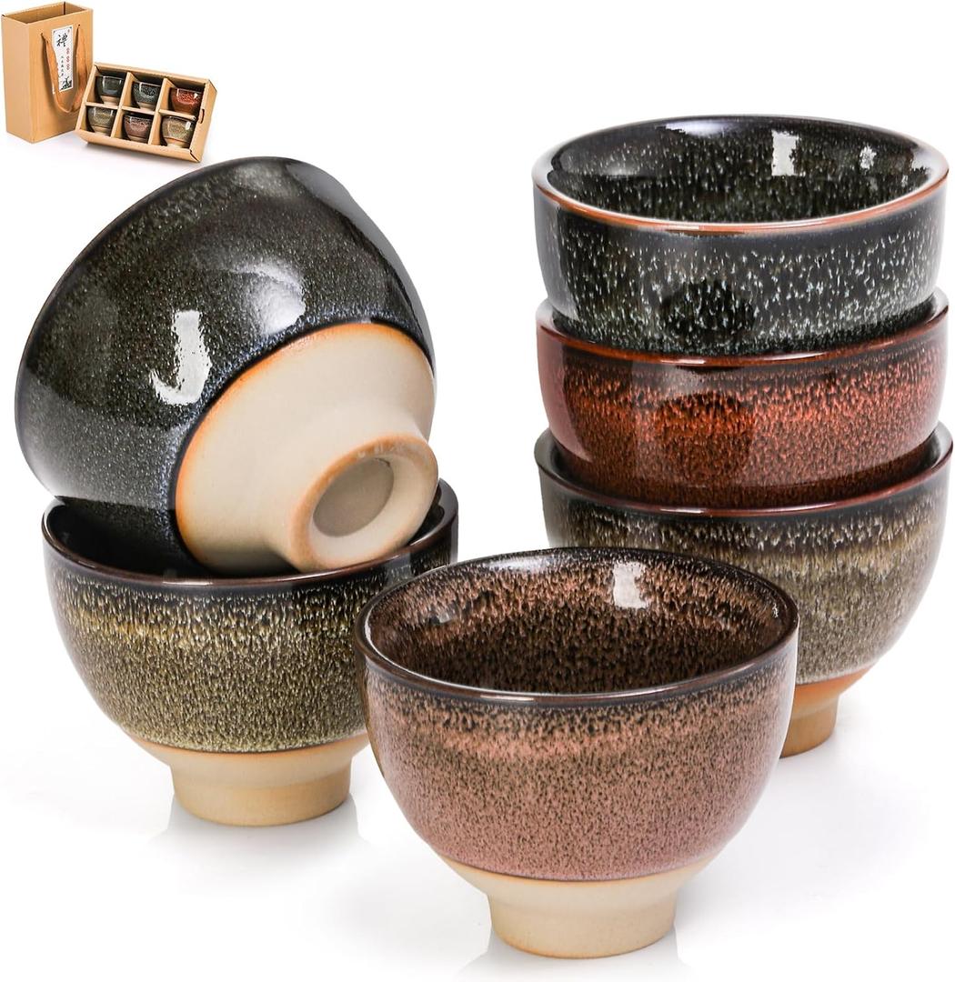Eorbow 6 Pack 2oz Ceramic Tea Sake Cups, Handcrafted Chinese Kungfu Tea Cup, Japanese Sake Cup Set, Small Tea Cup for Soju Shot, Matcha, Saki, Asian Tea Accessories, 6 Colors