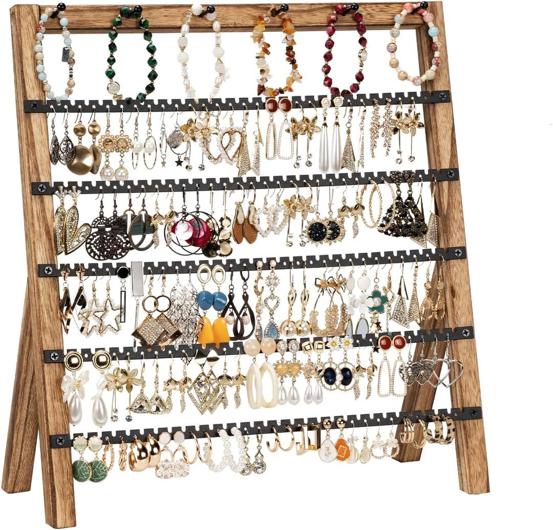 Emfogo Earring Holder Organizer, 6 Tier Earring Display Stand with 285 Holes & 6 Bracelet Rods, Rustic Wood Jewelry Organizer for Earring Bracelet Necklace Ring, Gifts for Women (Rustic)