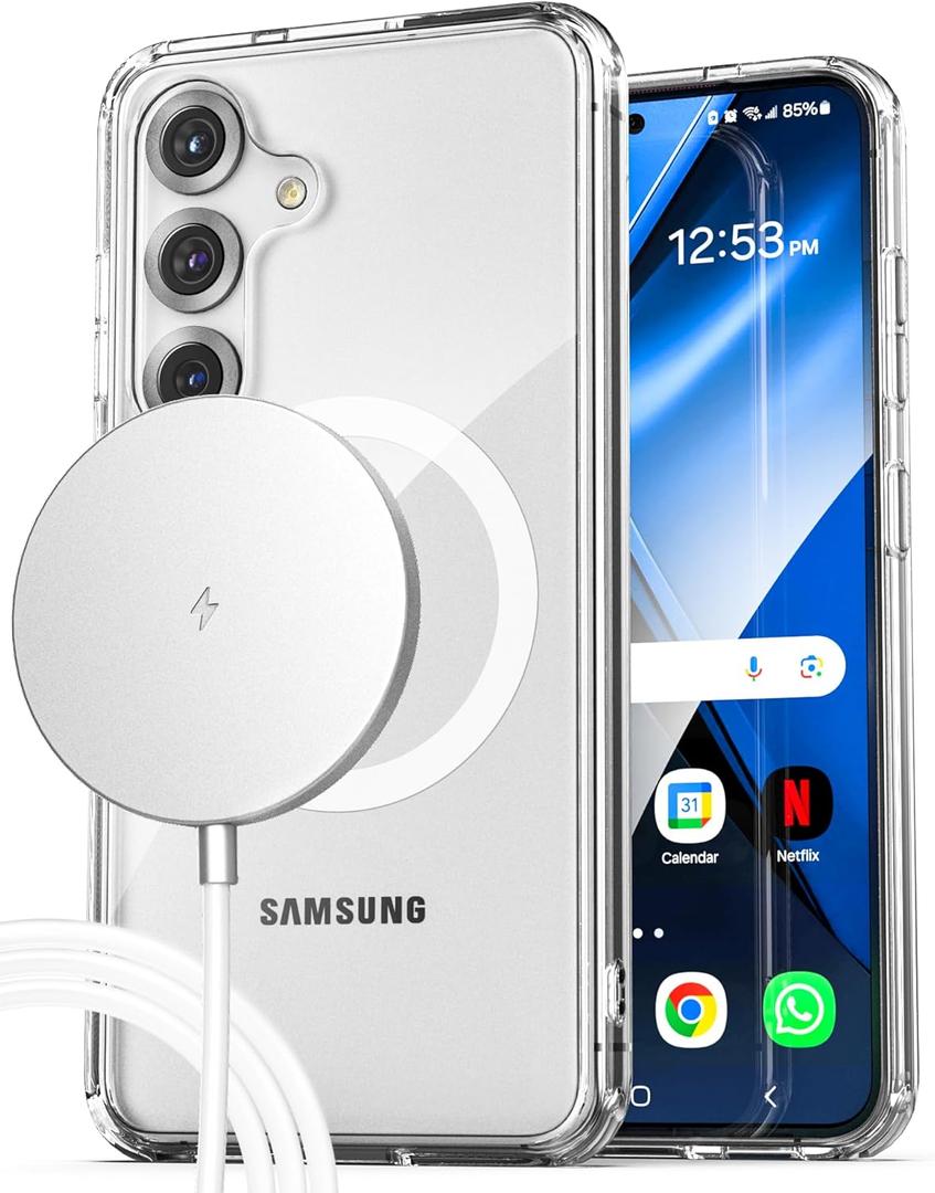 ENCASED 2-in-1 for Samsung Galaxy S25 Phone Case (Compatible with MagSafe) with Magnetic Wireless Charger Included (Clear)