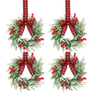 11.8" Christmas Mini Wreath for Cabinet, Artificial Snowy Cedar Garland with Plaid Ribbon, Small Xmas Hanging Wreath for Kitchen Cabinets, Windows, Doors, Farmhouse Holiday Decor(with Snow)