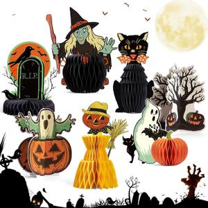 7PCS Halloweens Honeycomb Centerpieces, Halloween Party Decorations, Black Cat Ghost Table Centerpieces Spooky Theme Birthday Table Toppers for Home Mantel Tray Halloween Party Decor