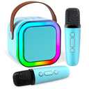 Mini Karaoke Machine for Kids, Portable Bluetooth Speaker with 2 Wireless Microphones for Kids Adults, MP3 Music Player Fun Birthday Gifts for 4-12 Years Teens Colorful Lights Girls Boys (Blue)