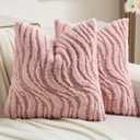 FUTEI Pack of 2 Solid Faux Fur Geometric Striped Throw Pillow Covers 16x16 Inch Soft Farmhouse Decorative Accent Lumbar Pillowcases Modern Home Decor for Couch Living Room, Pink