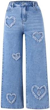 SHENHE Girl's Y2K Heart Applique Elastic High Waist Jeans Wide Leg Loose Denim Pants 10Y