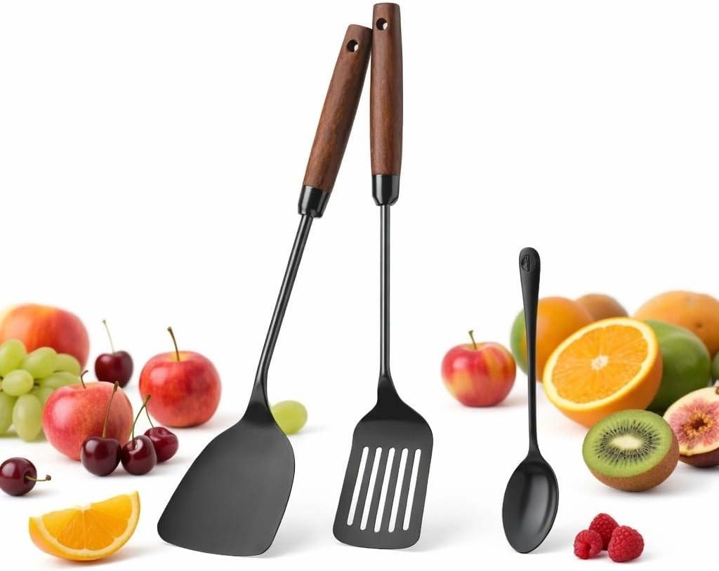 Titanium Spatula Set of 3 for Kitchen, Kitchen Utensil Set Pure Titanium, Food Grade, High Heat Resistant Cooking Utensils, Easy to Clean, Black
