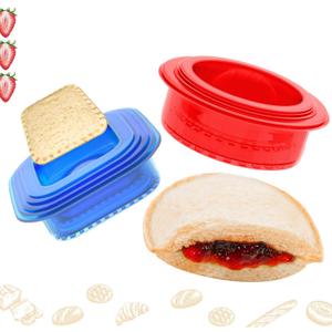 HiYZ Sandwich Cutter and Sealer -  Decruster Sandwich Maker - Peanut Butter and Jelly Crustless Sandwich Bread Pancake Maker Cookie Cutter for Kids Children Boys Girls (Round Red and Square Blue)