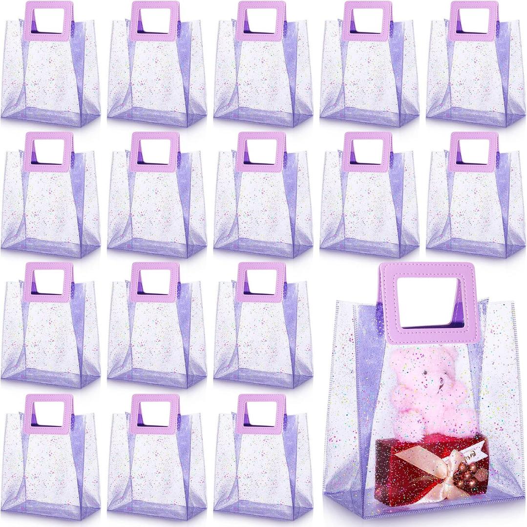 Jetec 20 Pcs Purple Clear PVC Gift Bags with Handles Bulk Glitter Party Favor Bags Reusable Tote Bag for Wedding Welcome, Bridal Shower, Bachelorette, Birthday, 7x4x8''