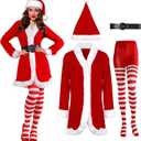 Sureio 4 Pcs Mrs Santa Claus Costume Women Christmas Dress Suit Cosplay Velvet Outfit with Belt Hat Striped Tights Elf Ears (Red, White)